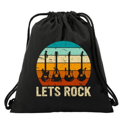 Vintage Retro Lets Rock Rock And Roll Guitar Music Drawstring Bag