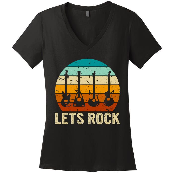 Vintage Retro Lets Rock Rock And Roll Guitar Music Women's V-Neck T-Shirt