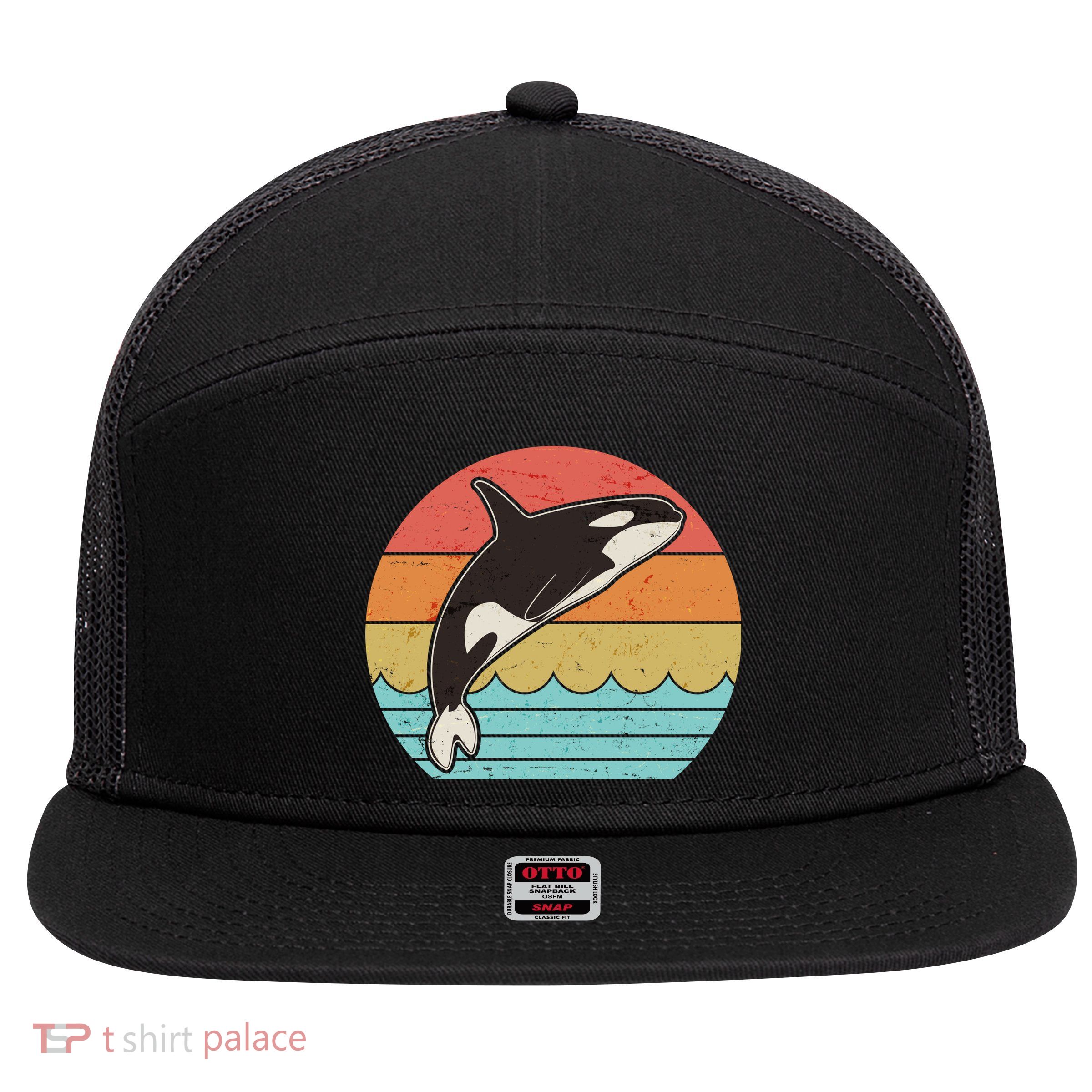 Vintage Retro Leaping Ocra Killer Whale 7 Panel Mesh Trucker Snapback Hat