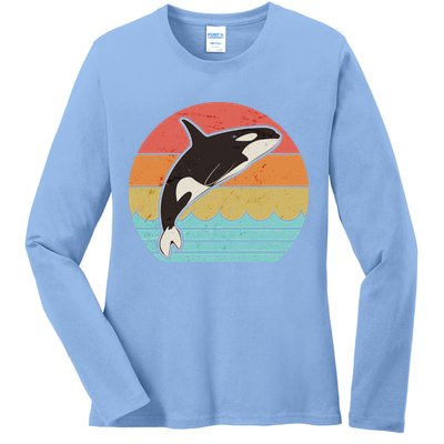 Vintage Retro Leaping Ocra Killer Whale Ladies Long Sleeve Shirt