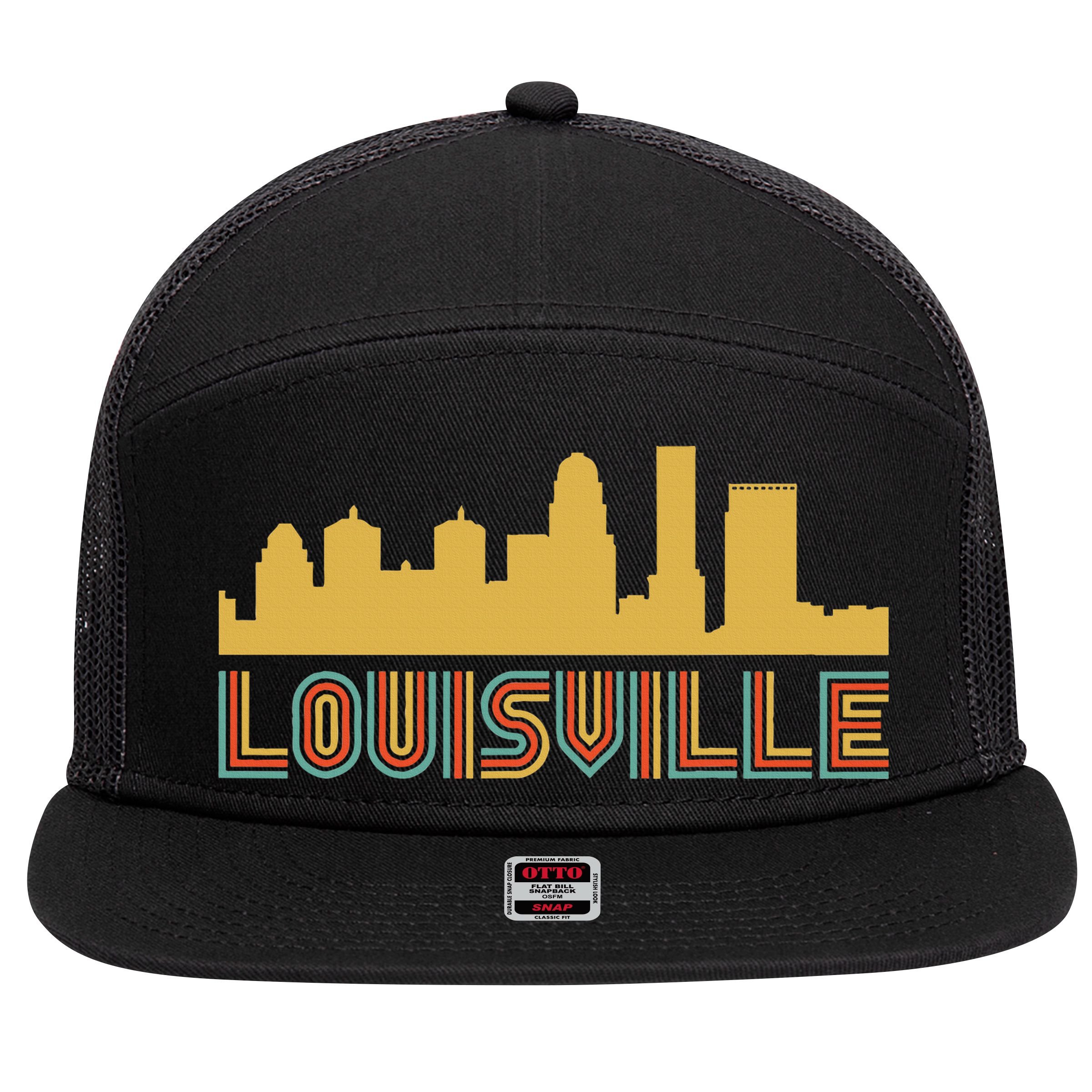 Vintage Retro Louisville Kentucky Skyline 7 Panel Mesh Trucker Snapback Hat