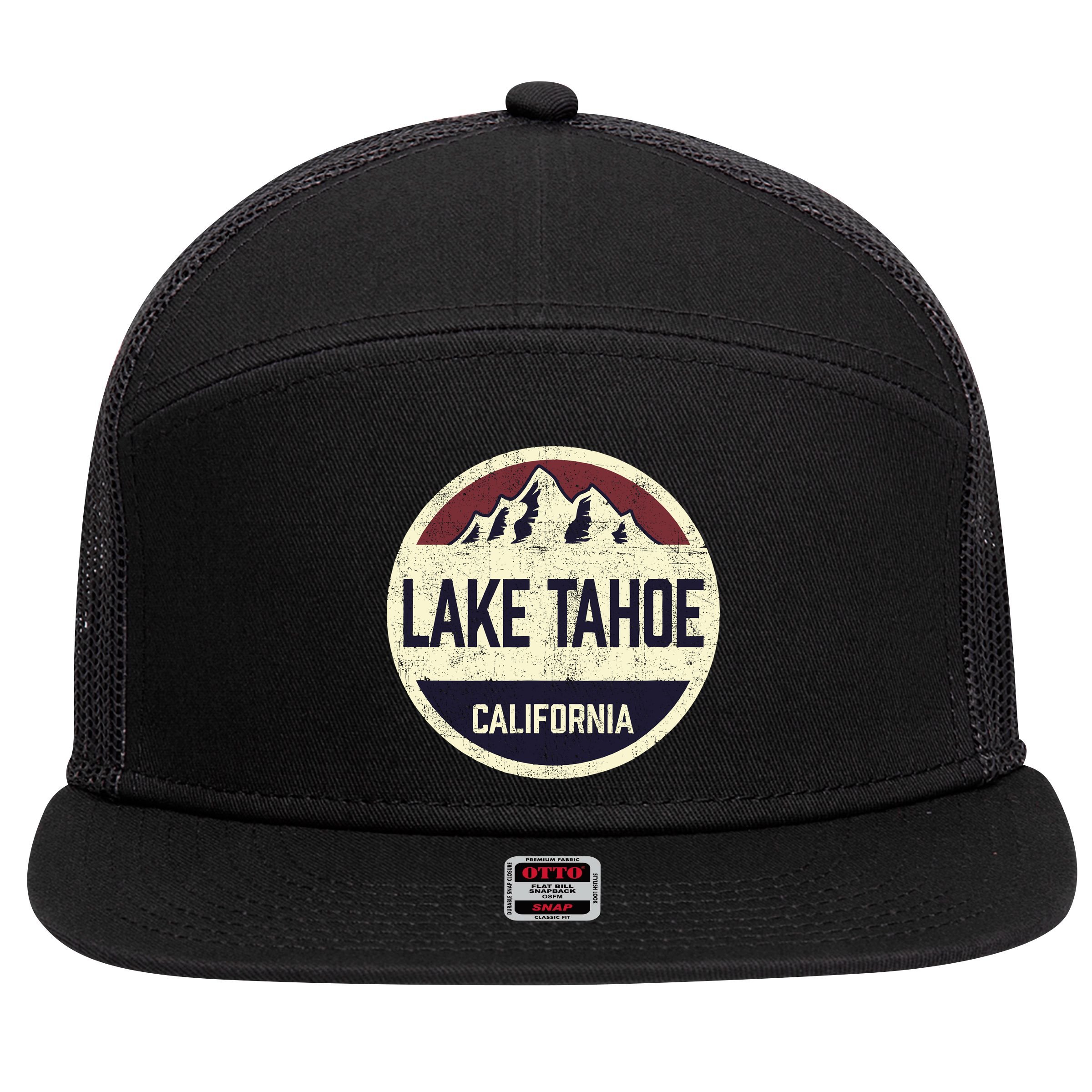 Vintage Retro Lake Tahoe California Mountain Circle Sports 7 Panel Mesh Trucker Snapback Hat