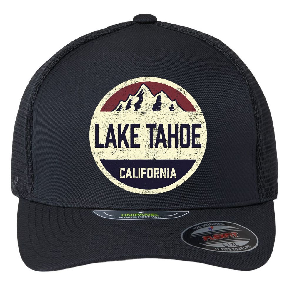 Vintage Retro Lake Tahoe California Mountain Circle Sports Flexfit Unipanel Trucker Cap