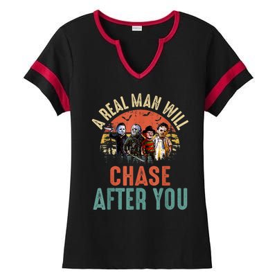 Vintage Real Man Will Chase After You Halloween Character Ladies Halftime Notch Neck Tee