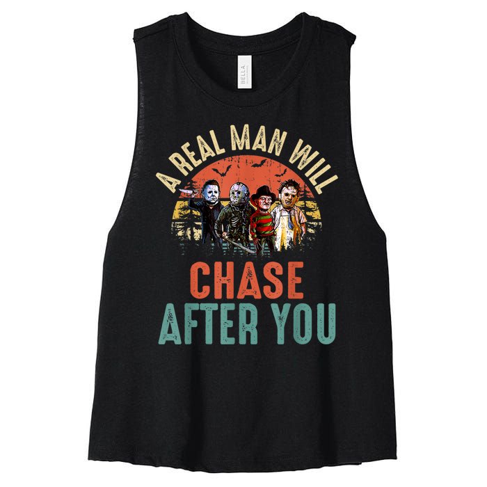 Vintage Real Man Will Chase After You Halloween Character Women's Racerback Cropped Tank