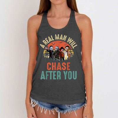 Vintage Real Man Will Chase After You Halloween Character Women's Knotted Racerback Tank