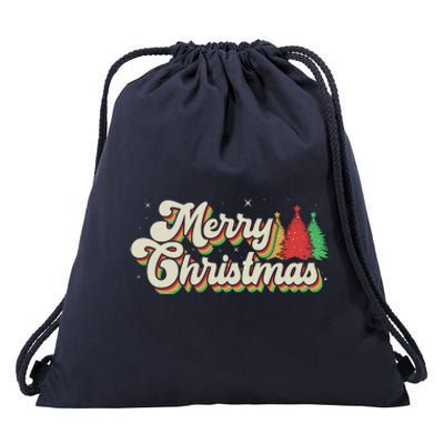 Vintage Retro Merry Christmas Drawstring Bag