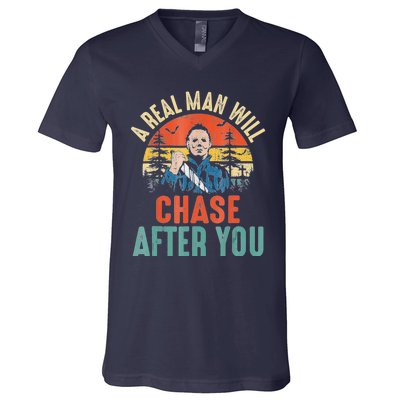 Vintage Real Man Will Chase After You Halloween Characters V-Neck T-Shirt