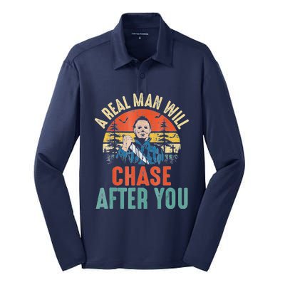 Vintage Real Man Will Chase After You Halloween Characters Silk Touch Performance Long Sleeve Polo