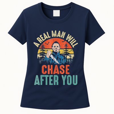 Vintage Real Man Will Chase After You Halloween Characters Womens T-Shirt