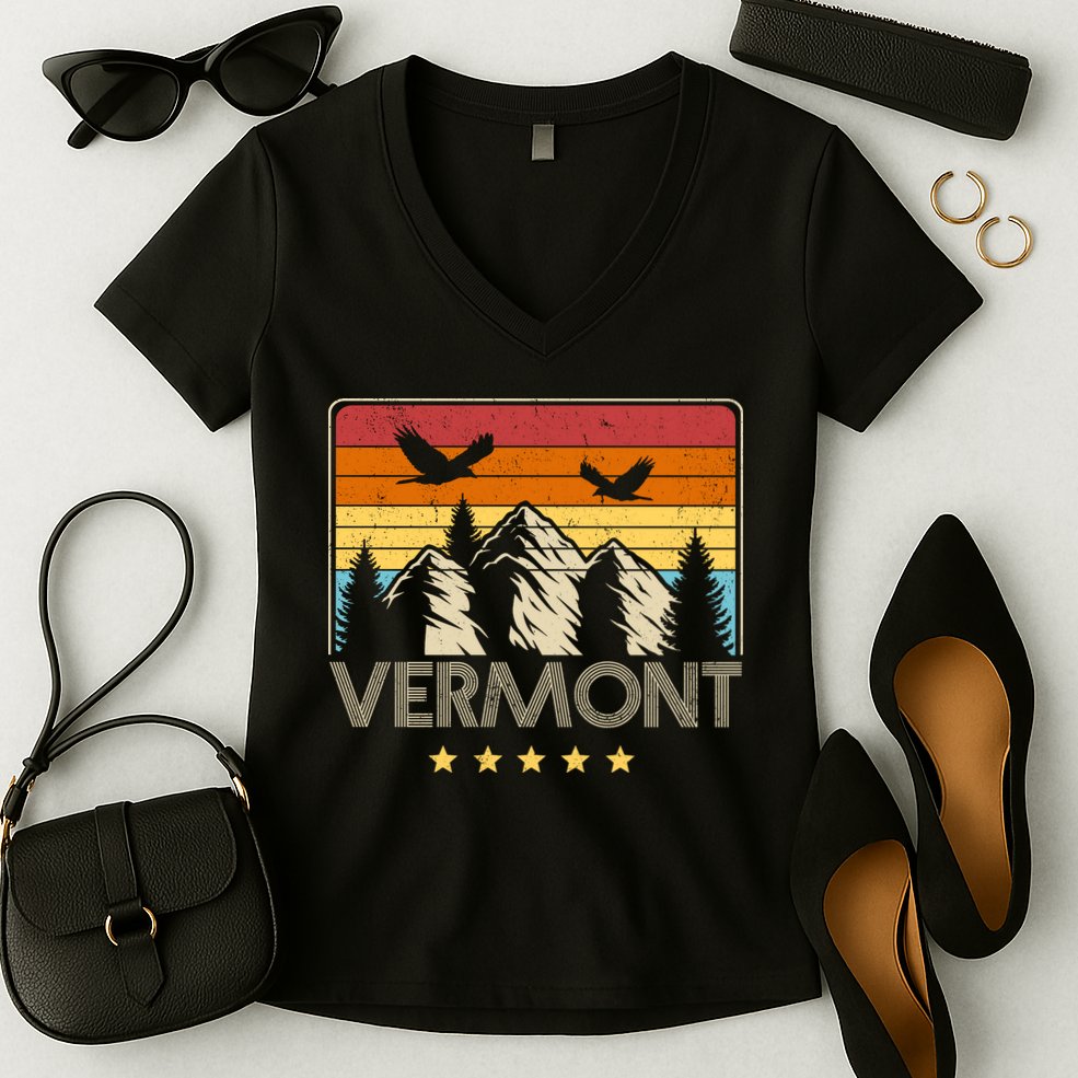 Vermont Retro Mountain Eagle Women's V-Neck T-Shirt