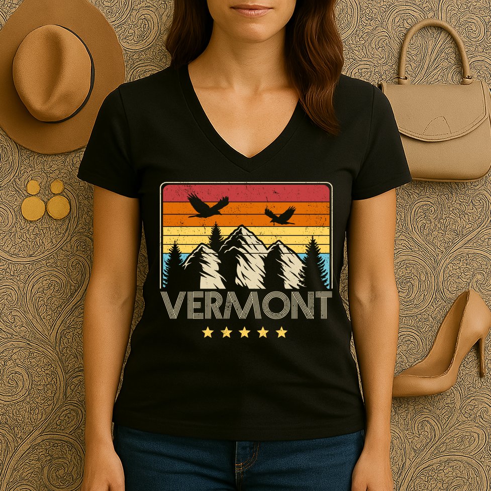 Vermont Retro Mountain Eagle Women's V-Neck T-Shirt