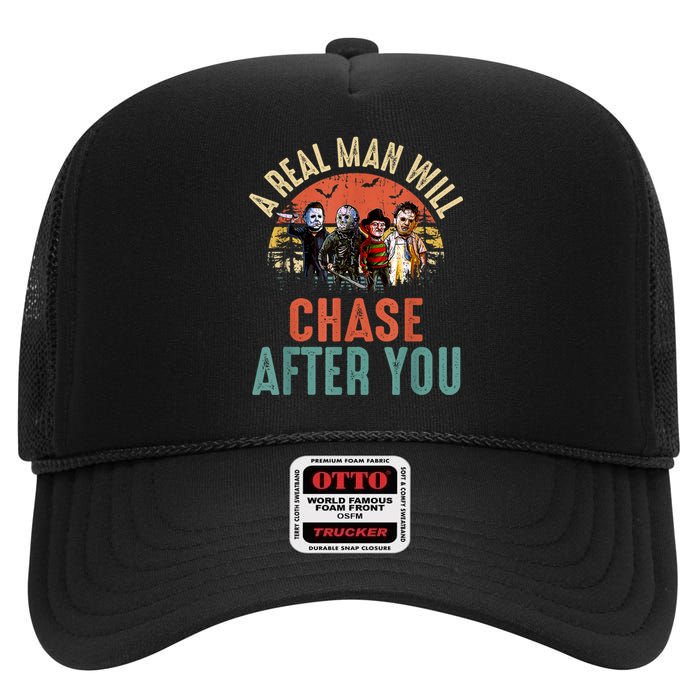 Vintage Real Man Will Chase After You Halloween Character High Crown Mesh Back Trucker Hat