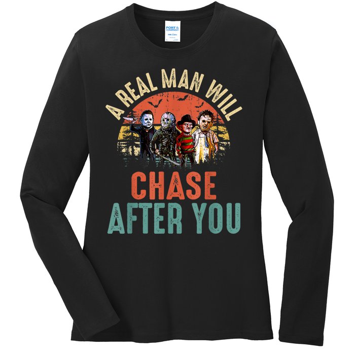 Vintage Real Man Will Chase After You Halloween Character Ladies Long Sleeve Shirt