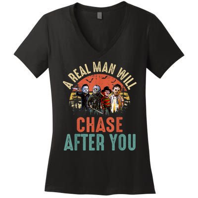 Vintage Real Man Will Chase After You Halloween Character Women's V-Neck T-Shirt