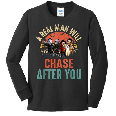 Vintage Real Man Will Chase After You Halloween Character Kids Long Sleeve Shirt