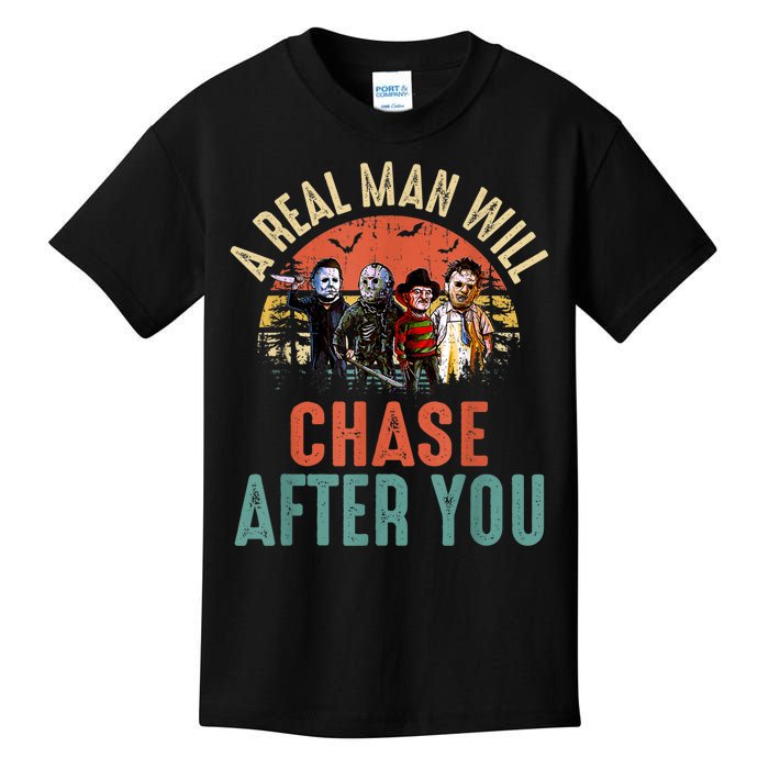 Vintage Real Man Will Chase After You Halloween Character Kids T-Shirt