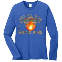 Vintage Retro May All Your Bacon Burn BBQ Grunge Ladies Long Sleeve Shirt