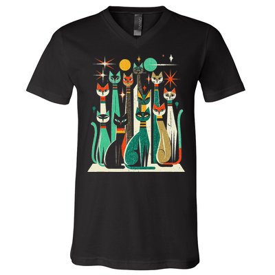 Vintage Retro Mid Century Long Neck Cats 50s 60s Style V-Neck T-Shirt