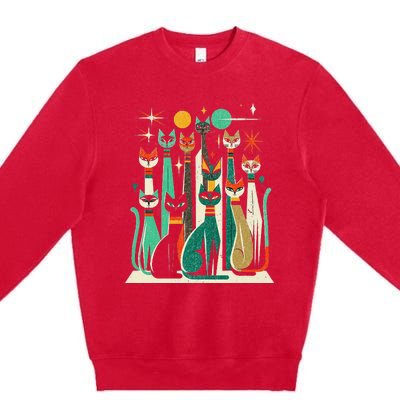 Vintage Retro Mid Century Long Neck Cats 50s 60s Style Premium Crewneck Sweatshirt