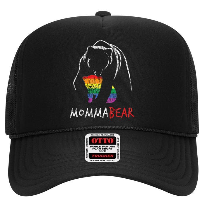 Vintage Rainbow Mama Bear Hug Love Support Parent Pride LGBT High Crown Mesh Back Trucker Hat