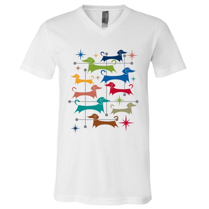 Vintage Retro Midcentury Modern Style Dachshunds Dogs V-Neck T-Shirt