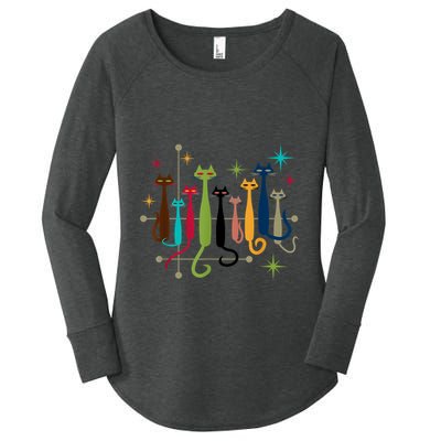 Vintage Retro Midcentury Modern Look Cats 50s 60s Style Women's Perfect Tri Tunic Long Sleeve Shirt
