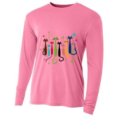 Vintage Retro Midcentury Modern Look Cats 50s 60s Style Cooling Performance Long Sleeve Crew