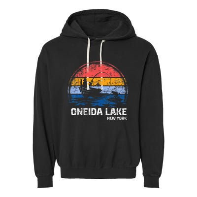 Vintage Retro New York Oneida Lake Summer Fishing Garment-Dyed Fleece Hoodie