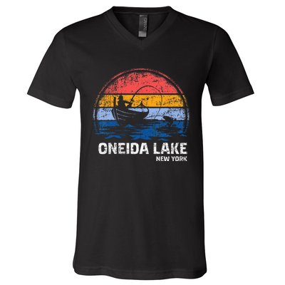 Vintage Retro New York Oneida Lake Summer Fishing V-Neck T-Shirt