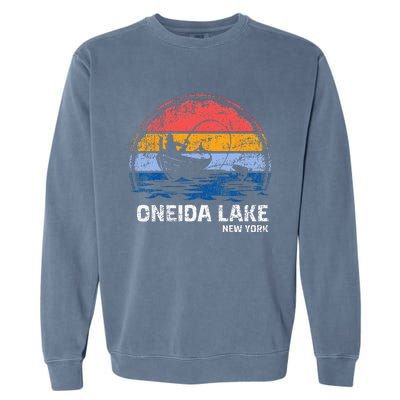 Vintage Retro New York Oneida Lake Summer Fishing Garment-Dyed Sweatshirt