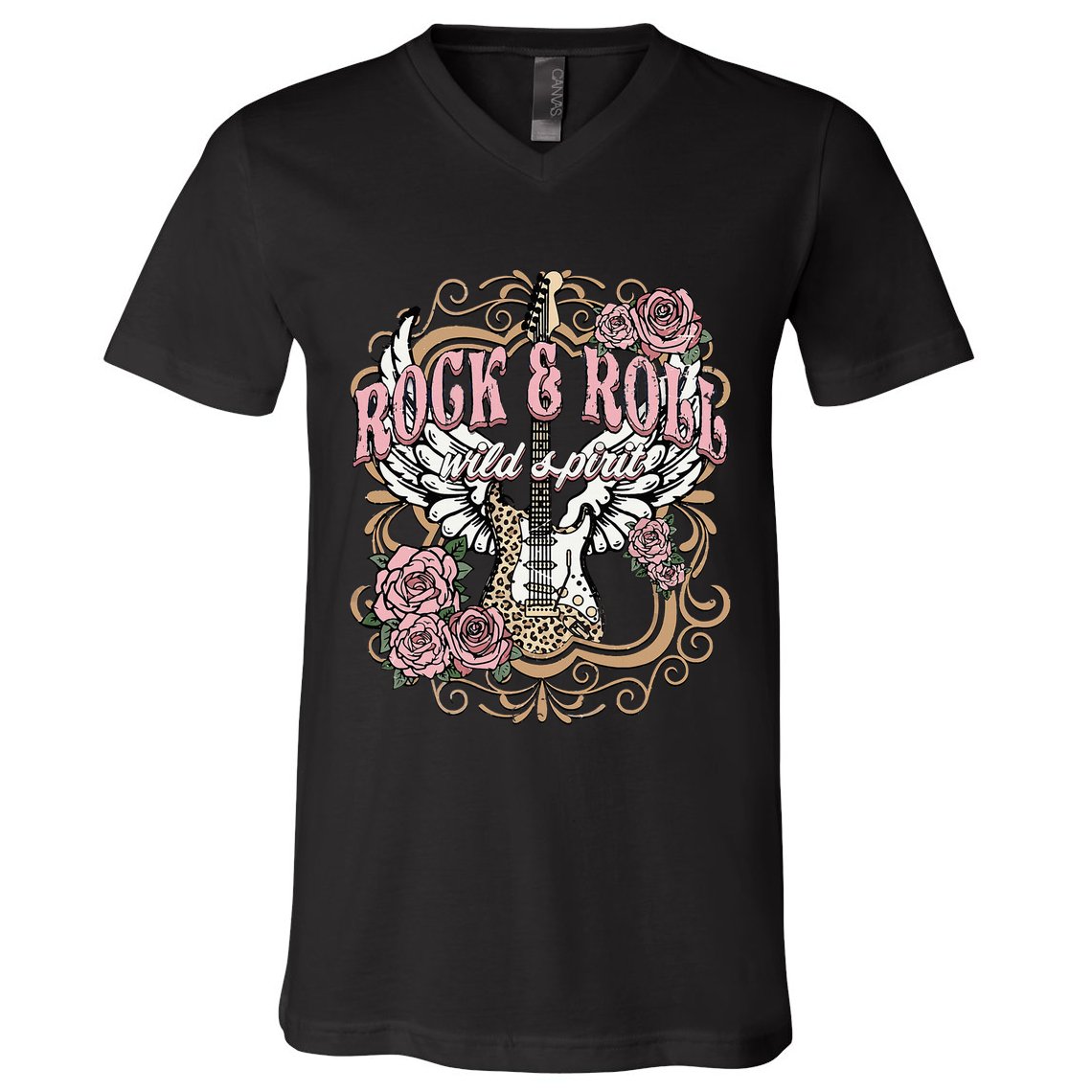 Vintage Rock N Roll Wild Spirit Lets Rock Guitar Floral V-Neck T-Shirt