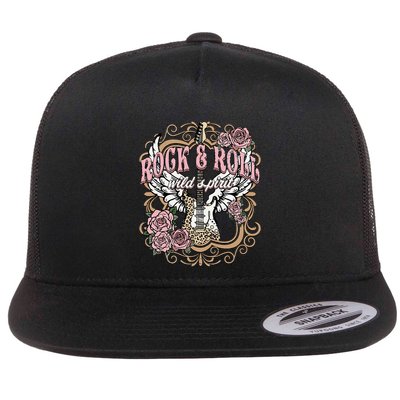 Vintage Rock N Roll Wild Spirit Lets Rock Guitar Floral Flatbill Hat