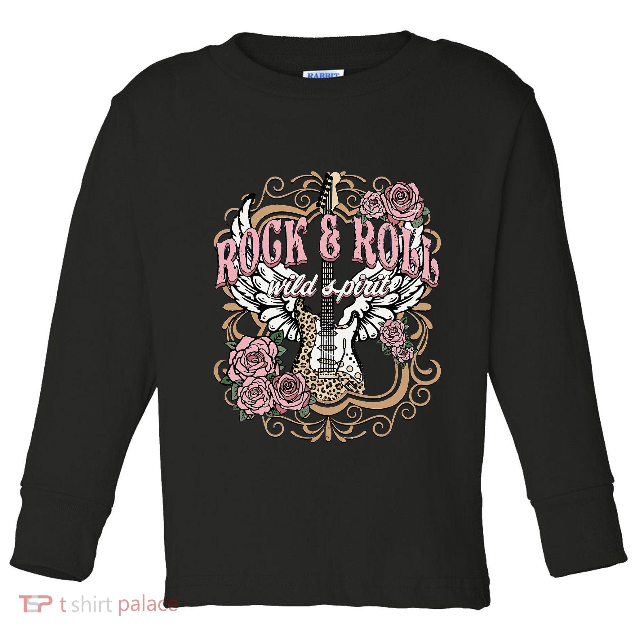Vintage Rock N Roll Wild Spirit Lets Rock Guitar Floral Toddler Long Sleeve Shirt