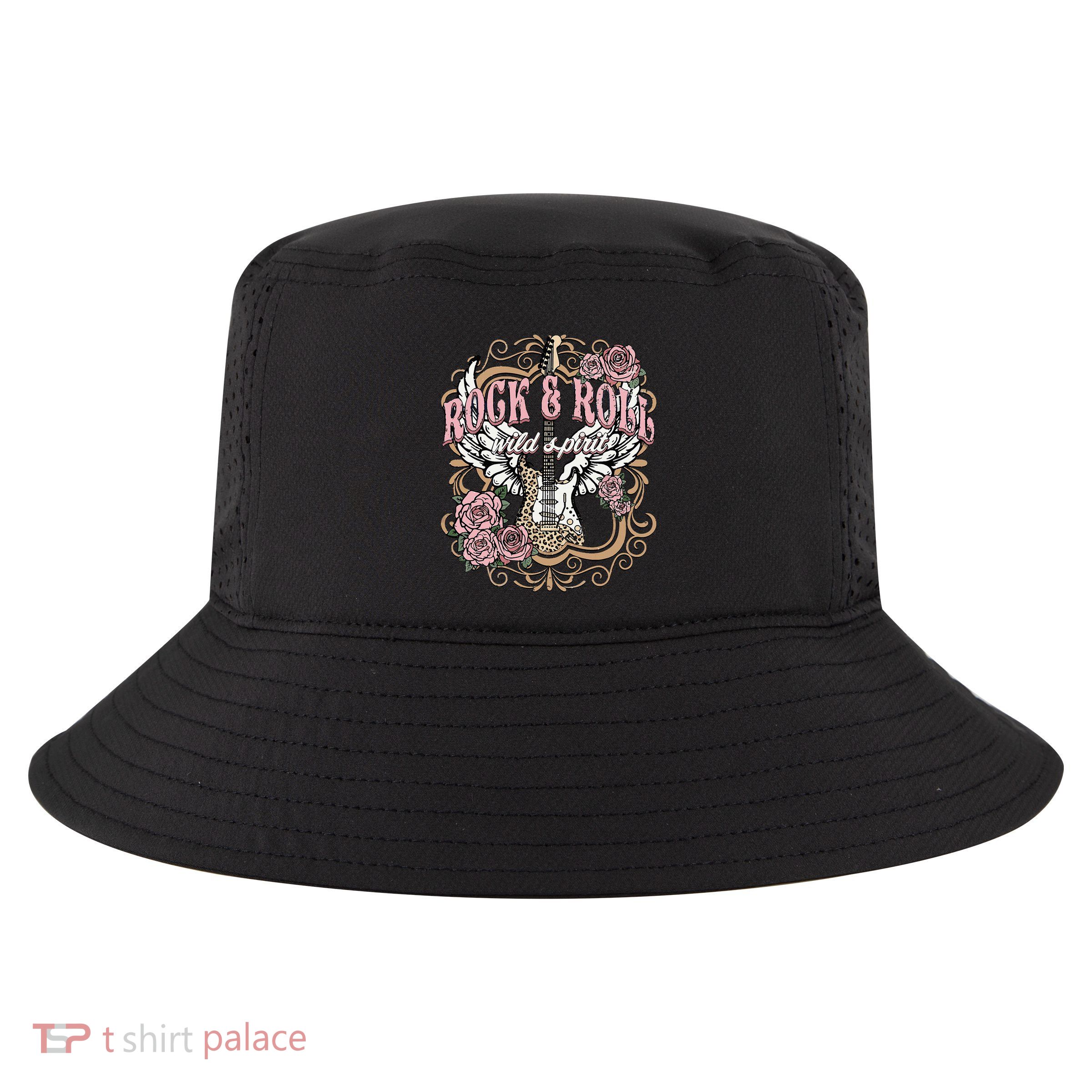 Vintage Rock N Roll Wild Spirit Lets Rock Guitar Floral Cool Comfort Performance Bucket Hat