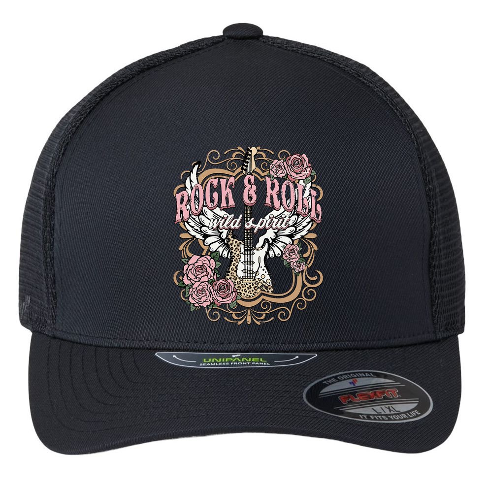 Vintage Rock N Roll Wild Spirit Lets Rock Guitar Floral Flexfit Unipanel Trucker Cap
