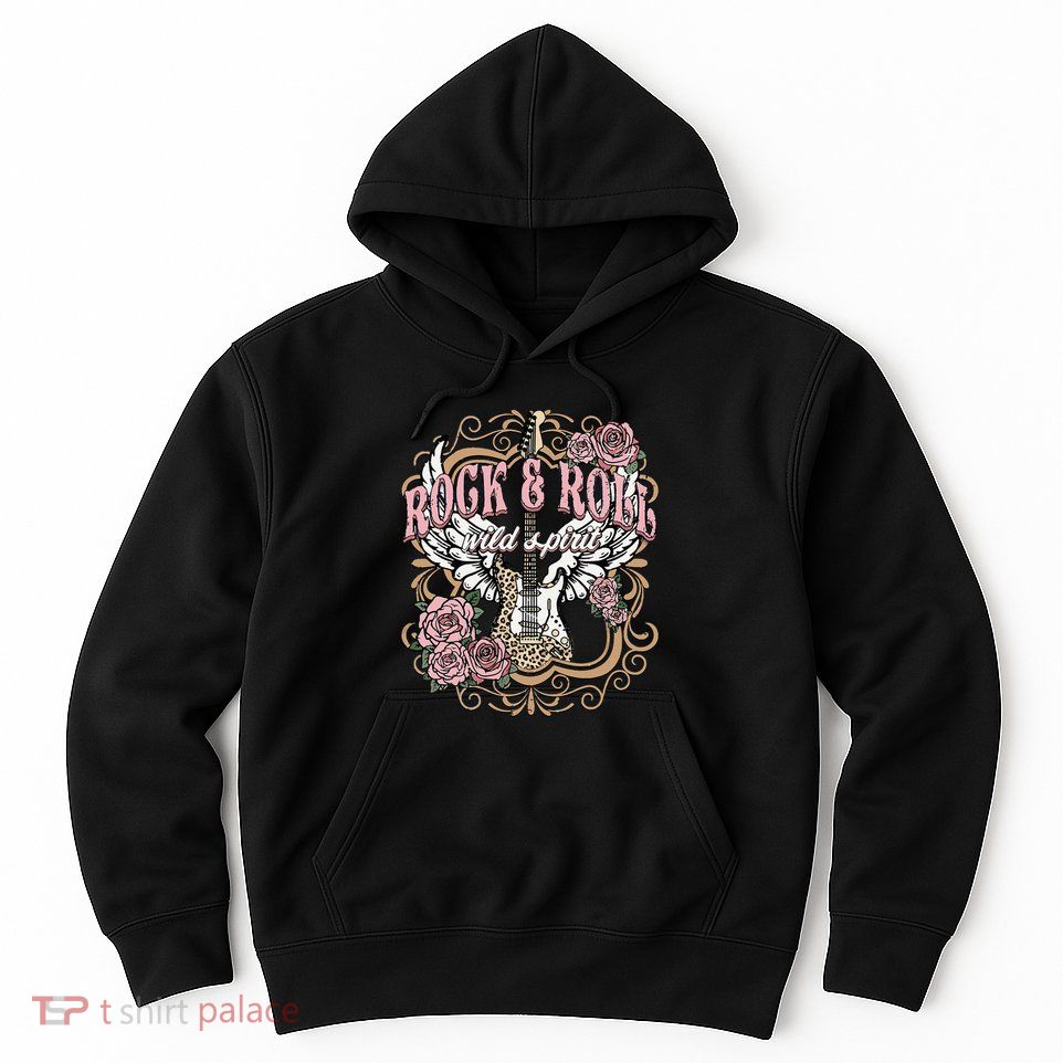 Vintage Rock N Roll Wild Spirit Lets Rock Guitar Floral Hoodie