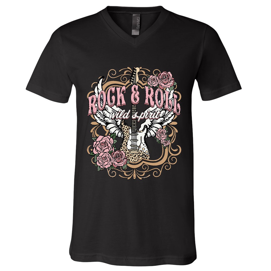 Vintage Rock N Roll Wild Spirit Lets Rock Guitar Floral V-Neck T-Shirt