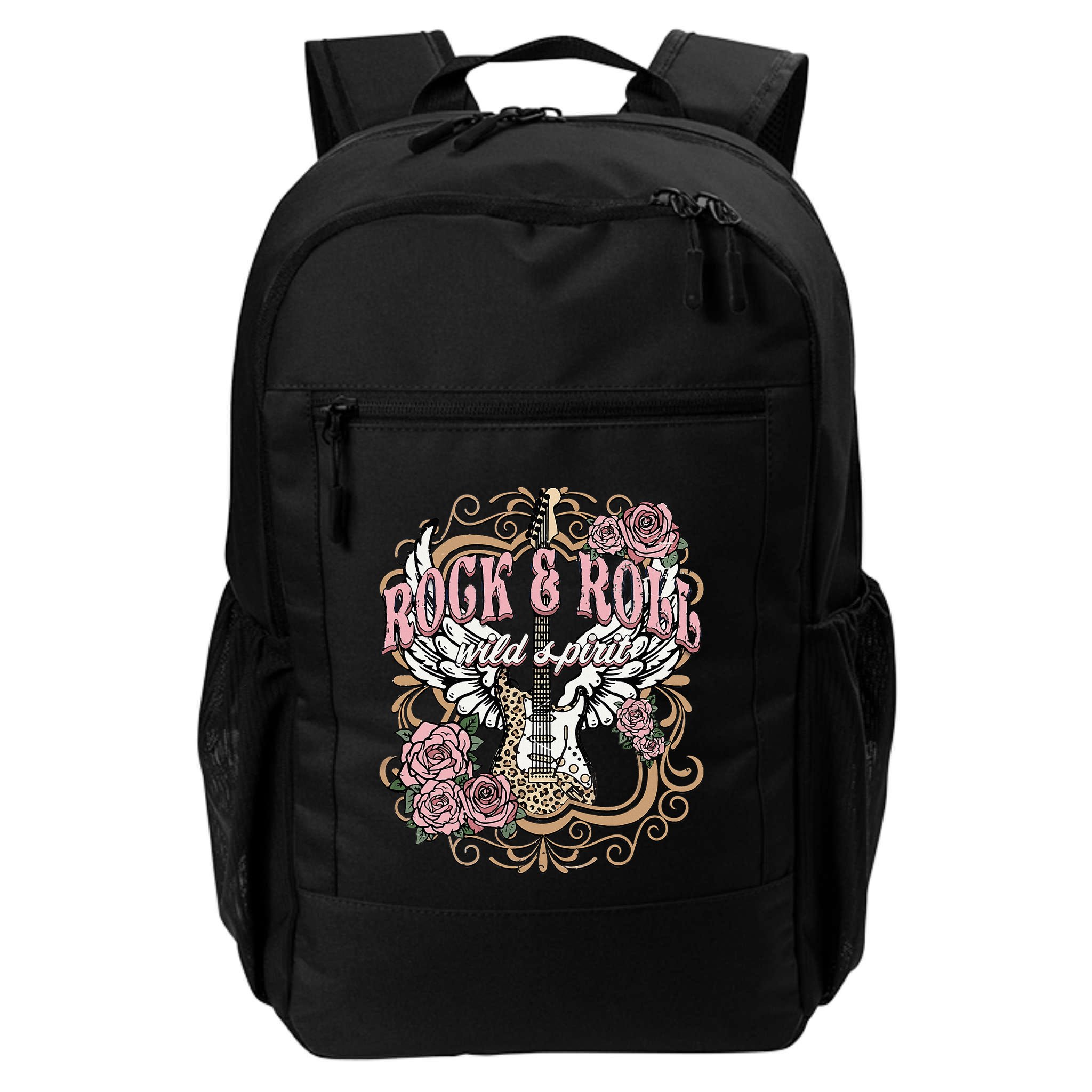 Vintage Rock N Roll Wild Spirit Lets Rock Guitar Floral Backpack