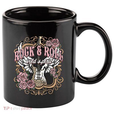 Vintage Rock N Roll Wild Spirit Lets Rock Guitar Floral 11oz C Handle Ceramic Mug