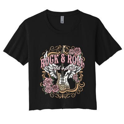 Vintage Rock N Roll Wild Spirit Lets Rock Guitar Floral Crop Top