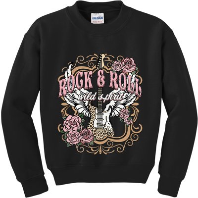 Vintage Rock N Roll Wild Spirit Lets Rock Guitar Floral Kids Sweatshirt