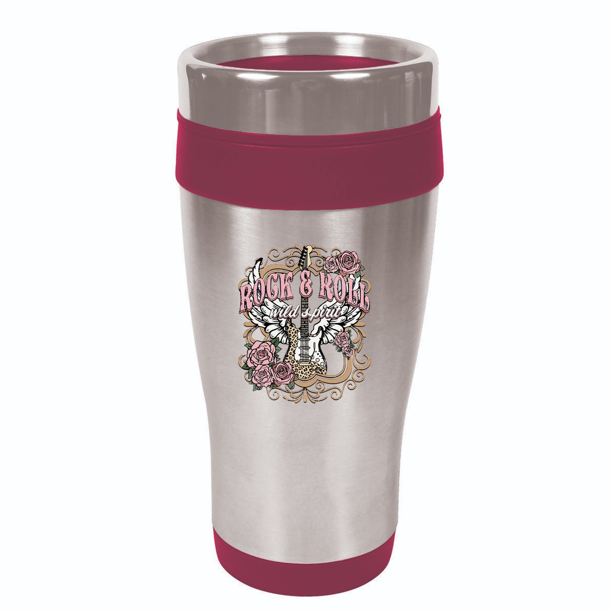 Vintage Rock N Roll Wild Spirit Lets Rock Guitar Floral 16oz Travel Tumbler
