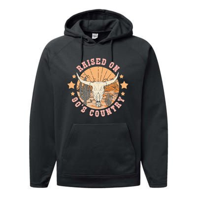 Vintage Raised On 90S Country Music Bull Skull Western Performance Fleece Hoodie