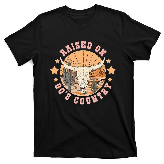 Vintage Raised On 90S Country Music Bull Skull Western T-Shirt