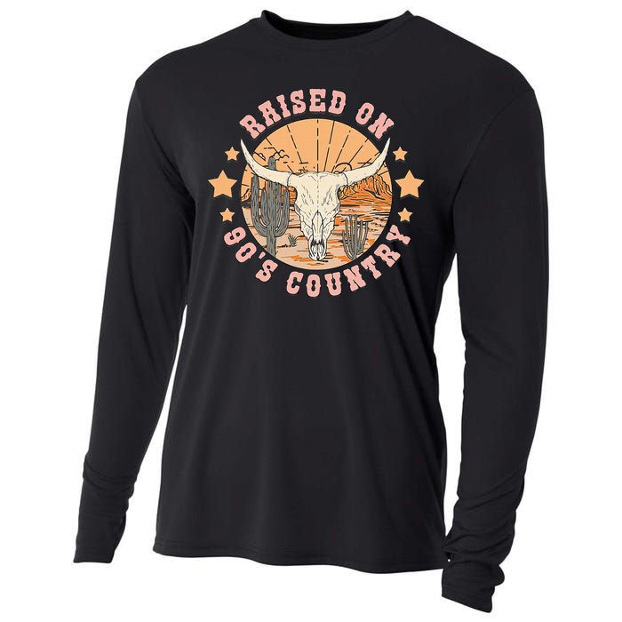 Vintage Raised On 90S Country Music Bull Skull Western Cooling Performance Long Sleeve Crew