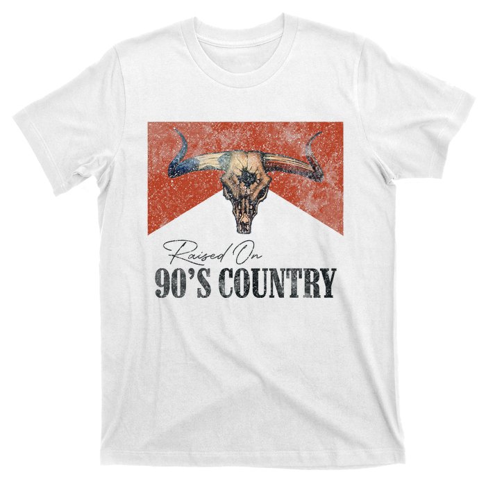 Vintage Raised On 90S Country Music Bull Skull Western T-Shirt