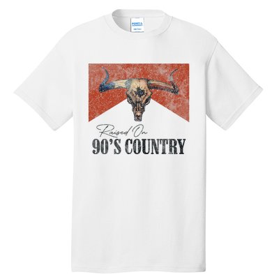 Vintage Raised On 90S Country Music Bull Skull Western Tall T-Shirt