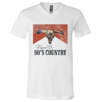 Vintage Raised On 90S Country Music Bull Skull Western V-Neck T-Shirt