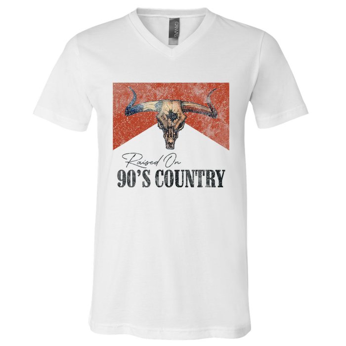 Vintage Raised On 90S Country Music Bull Skull Western V-Neck T-Shirt